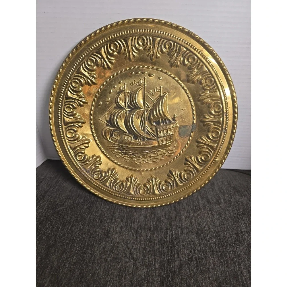 Vintage BRASS Embossed Plate Wall Hanging 12